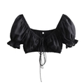 Black crop top with puff sleeves and front drawstring tie, summer slim fit style - S / Black