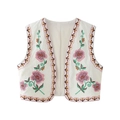 Gilet brodé vintage blanc cassé avec motifs floraux et bordures festonnées rétro - S / Blanc Ivoire avec Broderie Colorée