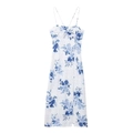 Detail van zomerjurk met bloemenprint, uitsnijding en hoge zijsplit aan de rok - XS / Wit met blauwe bloemen