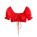 Detail of red flare sleeve top with front drawstring tie and square neckline texture - S / Red