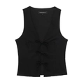Top gilet nero senza maniche da donna con tre fiocchi frontali e stile vintage minimalista - XS / Nero