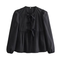 Camisa negra de manga larga para mujer con lazos decorativos y un dobladillo plisado - XS / Negro
