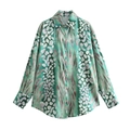 Detail of mint green floral blouse showing buttoned collar and abstract print texture - Green Shirt