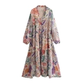 Boho-Maxikleid mit Paisley-Print, langen Ärmeln und Tunnelzug auf weißem Hintergrund - S / Lila