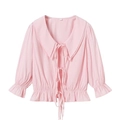 Camicetta a righe rosa da donna con fiocchi, colletto Peter Pan e polsini a volant - S / Rosa
