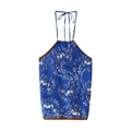 Top de verano con cuello halter para mujer con estampado floral y ribete marrón - S / Azul
