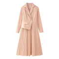 Elegant peach pleated blazer dress with lapel collar and button detail for office wear - XS / Orange