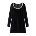 Elegant black velvet mini dress with crystal rhinestone collar and long sleeves - S / Velvet Black