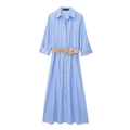 Light blue striped long shirt dress with rolled sleeves and beige woven belt - XS / Blue Stripe