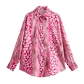 Damenbluse mit rosa Leopardenmuster und langen Ärmeln sowie leuchtenden Blumenmustern - XS / Rosa Hemd