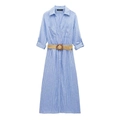 Close-up of blue striped linen shirt dress featuring front pockets and woven belt with buckle - XS / Blue Stripe