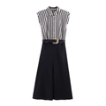 Vertical striped sleeveless shirt with high-waist wide-leg pants and golden buckle belt - XS / Striped Multi-color