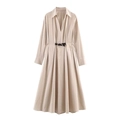 Elegant apricot long sleeve midi dress with lapel V-neck and black contrast belt - XS / Apricot