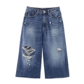 Flat lay of wide leg ripped jeans in dark blue wash with distressed hole details - XS / Blue