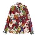 Vintage-Satinhemd mit Blumenmuster, Langarm und gestreiften Manschetten auf Weiß - XS / Dunkelrot Blumig