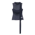 Top senza maniche in mesh blu scuro con collo alto, nastri e dettagli drappeggiati - XS / Blu navy