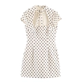 Mini abito vintage bianco a pois con collo alto a fiocco e dettaglio a goccia - XS / Pois