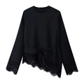 Women's black round-neck chiffon top with asymmetric lace hem and drawstring waist - S / Black