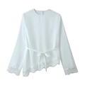 White chiffon long sleeve top with lace embroidery and asymmetric hemline for women - S / White