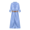 Vertical striped blue and white linen blend maxi shirt dress with woven belt - S / Sky Blue