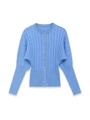 Détail du cardigan en maille bleu clair avec texture côtelée et manches plissées - S / Bleu
