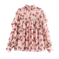 Pink floral chiffon blouse with tiered ruffles and high neckline for elegant women's wear - XS / Pink Base Purple Floral