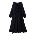 Abito lungo in chiffon nero con balze a strati, maniche a lanterna e colletto con lacci - Nero