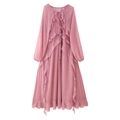 Chiffon pink long sleeve dress with elegant ruffle layers and stylish neck tie detail - S / Pink
