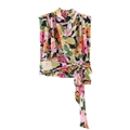 Top senza maniche in chiffon floreale da donna con collo alto e cintura in vita annodata - XS / Stampa Colore Motivo