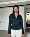 Close-up of deep green satin shirt fabric texture with waist belt and lapel collar detail - XS / Green