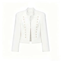 Detailed view of military style white blazer with braided buttons and gold metallic hardware - XS / White