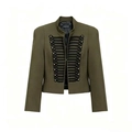 Close-up of olive green military jacket with ornate black braided frog fasteners and metal buttons - XS / Olive Green