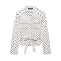 Polka dot long sleeve shirt with stand collar and waist tie on white background - XS / Polka Dot Top