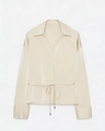 Elegant champagne satin long sleeve shirt with a refined waist tie and lapel collar - XS / White