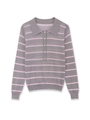 Macro detail of fine knit texture and pink-white stripes on a grey polo neck sweater - S / Grey Pink Striped