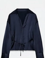 Navy blue satin long sleeve shirt with deep V-neck and waist tie detail - XS / Navy Blue