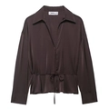 Dark brown long sleeve satin shirt with lapel collar and adjustable waist tie - XS / Coffee