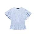 Blusa azul claro con mangas abullonadas, cuello en V, detalles de pliegues y volante - XS / Azul