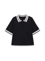 Detail of contrast stripe polo collar and lettuce trim short sleeves on a black knit top - S / Black and White Patchwork