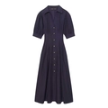 Vestido midi de popelina azul marino con mangas abullonadas y detalle de cintura - XS / Azul marino