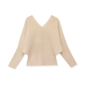 Elegante beige gebreide trui met V-hals, vleermuismouwen en een geribbelde textuur - S / Khaki