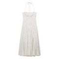 Polka dot halter neck midi dress with a pleated waist and flared A-line silhouette - XS