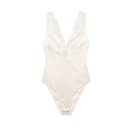 Satin lace bodysuit for women in pearl white featuring deep V-neck and silk texture - XS / Milky White