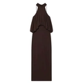 Elegant dark brown halter neck maxi dress with layered ruffles and slim straight silhouette - S / Dark Brown