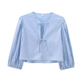 Short blue and white striped poplin shirt for women with chic front tie bow closures - XS / Blue and White Stripes