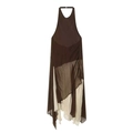 Dunkelbraunes Neckholder-Kleid mit weißen Punkten und asymmetrischem Stufensaum - XS / Schokoladenbraun Punktmuster