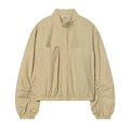 Fashionable khaki stand collar poplin jacket with ruched sleeves and snap buttons - XS / Khaki