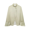 Vintage sage green linen blazer with layered design, bell sleeves and metallic buttons - XS / Yellow-Green