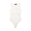 Detail van witte mouwloze bodysuit met label in de halslijn en wasvoorschrift aan de zijkant - XS / Wit
