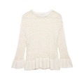 Eleganter cremefarbener Häkelstrickpullover mit weiten Glockenärmeln und Rundhals-Stil - S / Gebrochenes Weiß